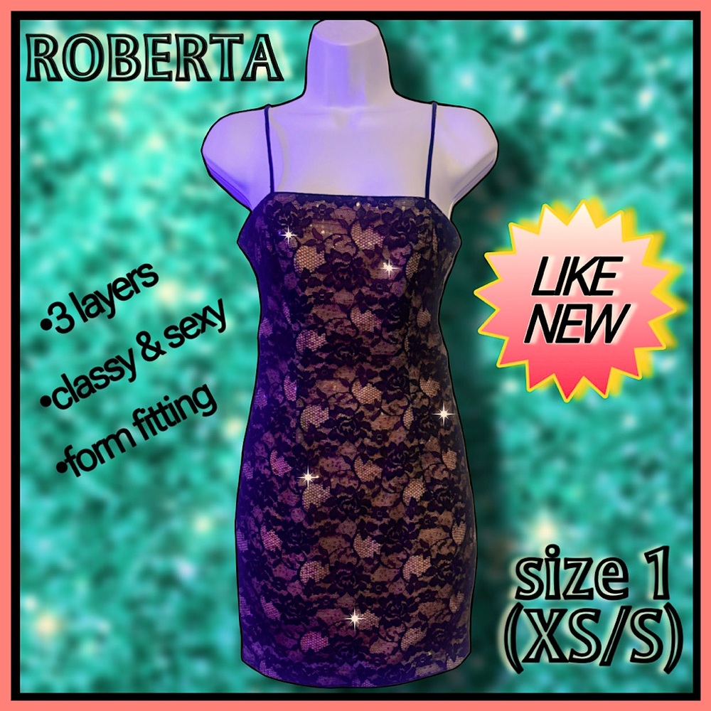 ROBERTA black & nude lace sparkling MINIDRESS size 1